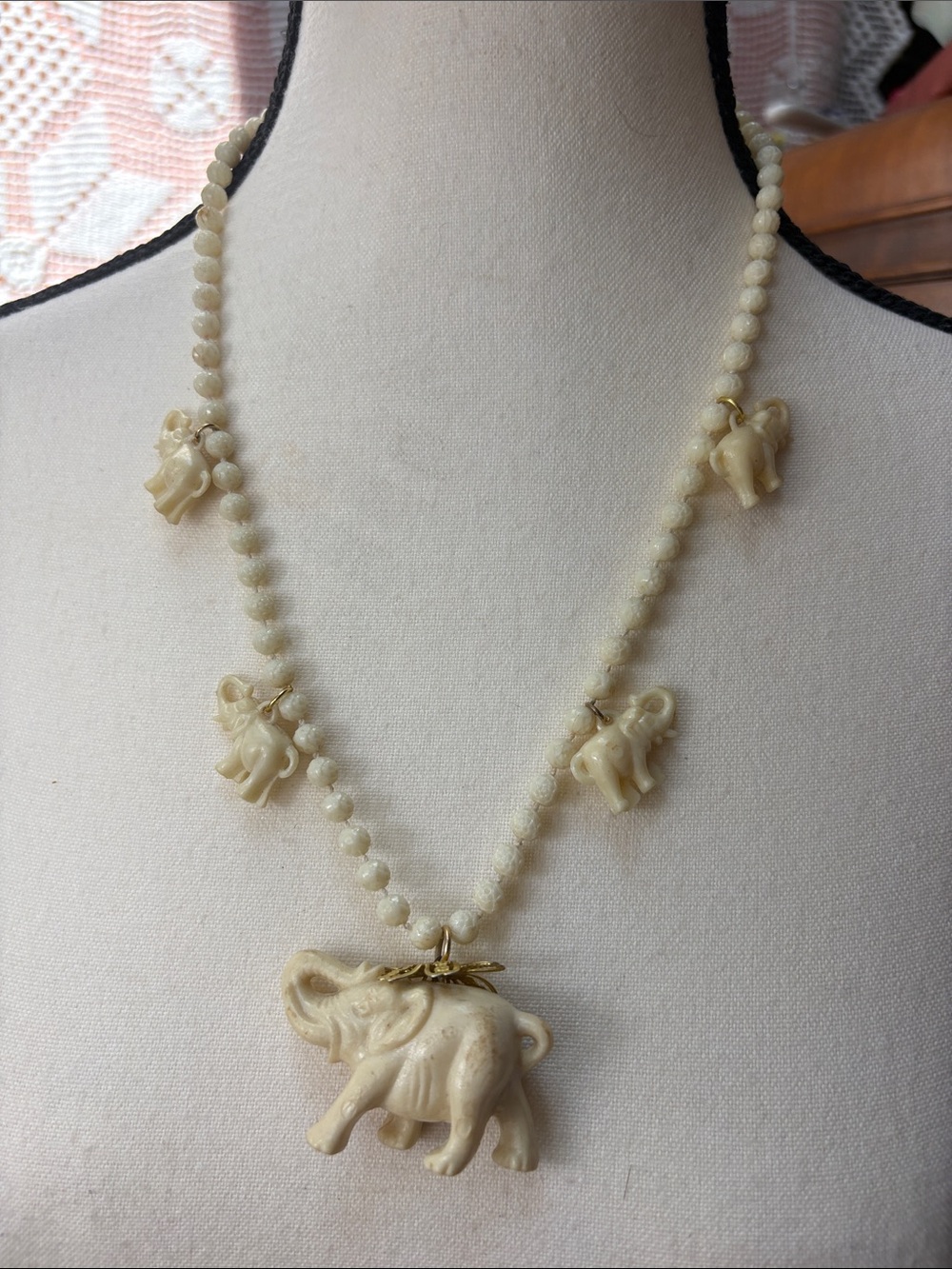 Vintage Cream Resin Elephant Charm Necklace